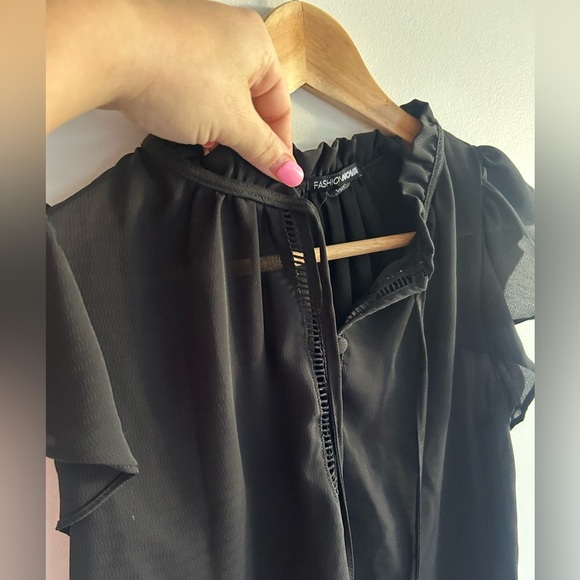 Fashion Nova, size S, black blouse top, keyhole tie up front, ruffles, sheer - Picture 3 of 6